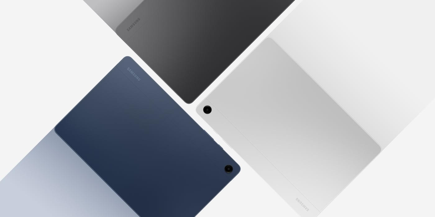 Galaxy Tab A9 Plus w kolorze grafitowym, srebrnym i niebieskim są umieszczone blisko siebie, wszystkie trzy z tyłem zwróconym do przodu. Galaxy Tab A9 Plus w kolorze grafitowym, srebrnym i niebieskim są umieszczone blisko siebie, wszystkie trzy z tyłem zwróconym do przodu.