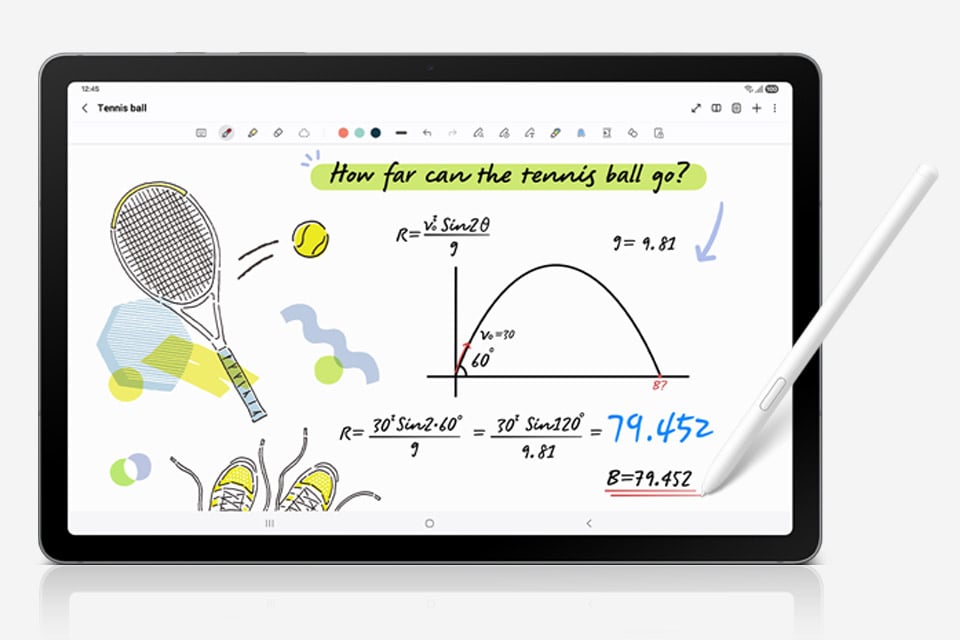 Rysik S Pen jest używany w aplikacji Notatki na Galaxy Tab S10 Lite do zapisywania równań matematycznych, a funkcja Solve Math automatycznie podaje rozwiązanie. Rysik S Pen jest używany w aplikacji Notatki na Galaxy Tab S10 Lite do zapisywania równań matematycznych, a funkcja Solve Math automatycznie podaje rozwiązanie.