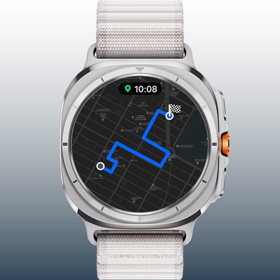 Galaxy Watch Ultra wyświetlający mapę pokazującą trasę od punktu początkowego do celu. Galaxy Watch Ultra wyświetlający mapę pokazującą trasę od punktu początkowego do celu.