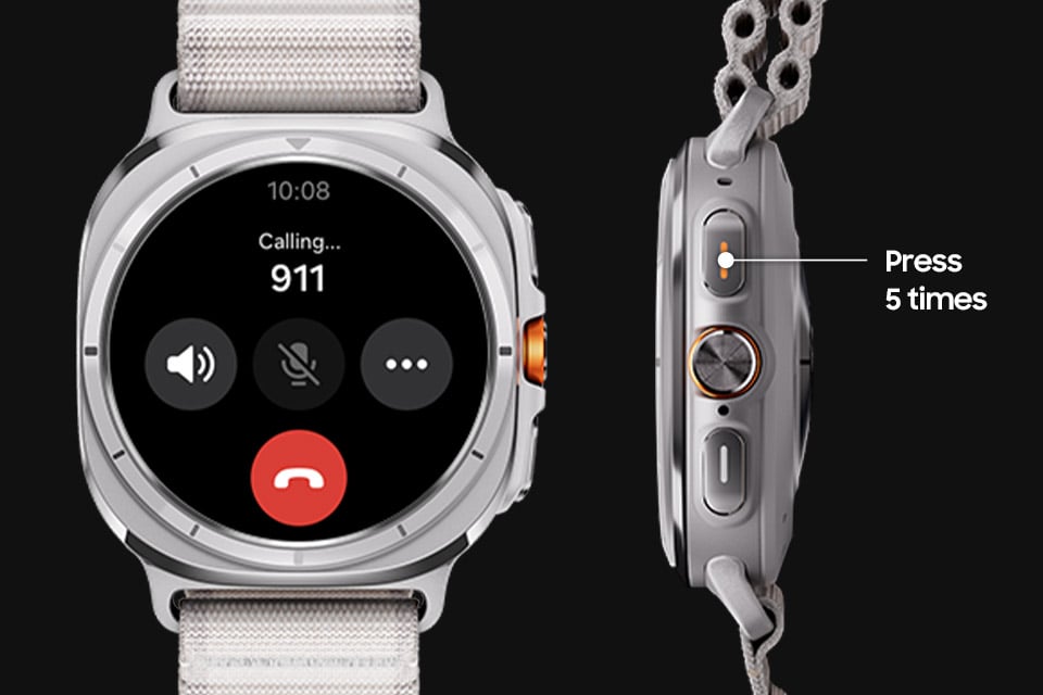 Galaxy Watch Ultra z ekranem połączenia Wezwanie SOS z tekstem „Dzwonię... 911” jest widoczny. Obok znajduje się widok z boku smartwatcha pokazujący trzy przyciski, w tym przycisk Home. Galaxy Watch Ultra z ekranem połączenia Wezwanie SOS z tekstem „Dzwonię... 911” jest widoczny. Obok znajduje się widok z boku smartwatcha pokazujący trzy przyciski, w tym przycisk Home.