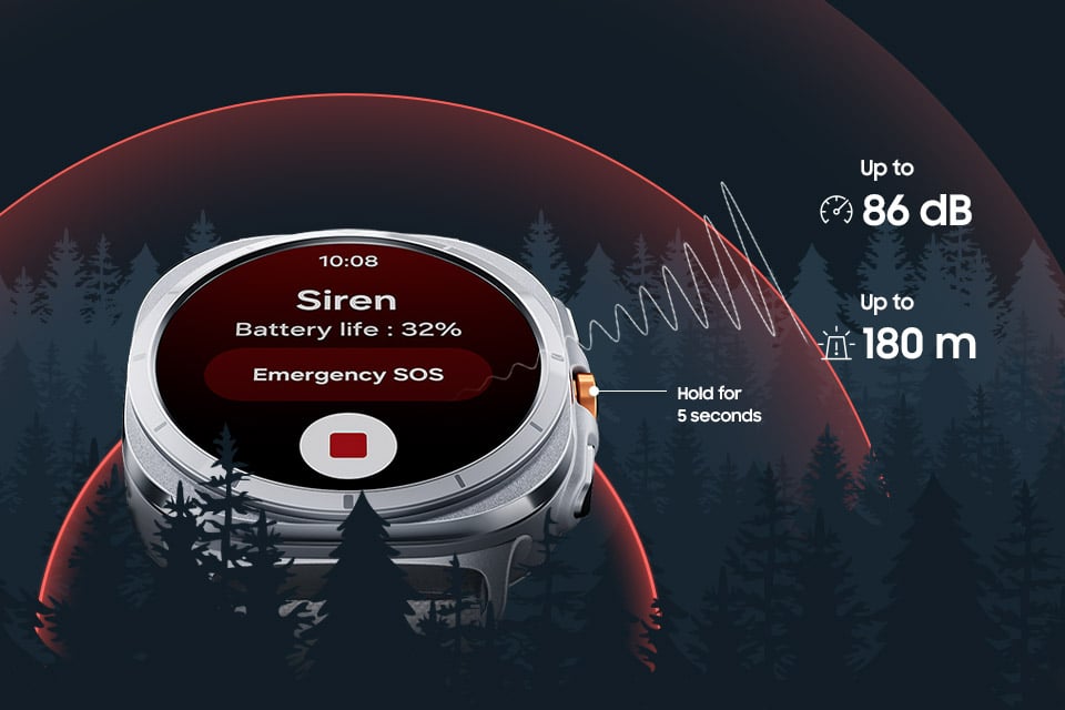 Galaxy Watch Ultra wyświetla ekran syreny z tekstem „Wezwanie SOS” i przyciskiem do zatrzymania. Przycisk szybkiego wybierania jest widoczny z boku smartwatcha. Fala reprezentująca dźwięk rozprzestrzenia się ze smartwatcha przez las. Galaxy Watch Ultra wyświetla ekran syreny z tekstem „Wezwanie SOS” i przyciskiem do zatrzymania. Przycisk szybkiego wybierania jest widoczny z boku smartwatcha. Fala reprezentująca dźwięk rozprzestrzenia się ze smartwatcha przez las.