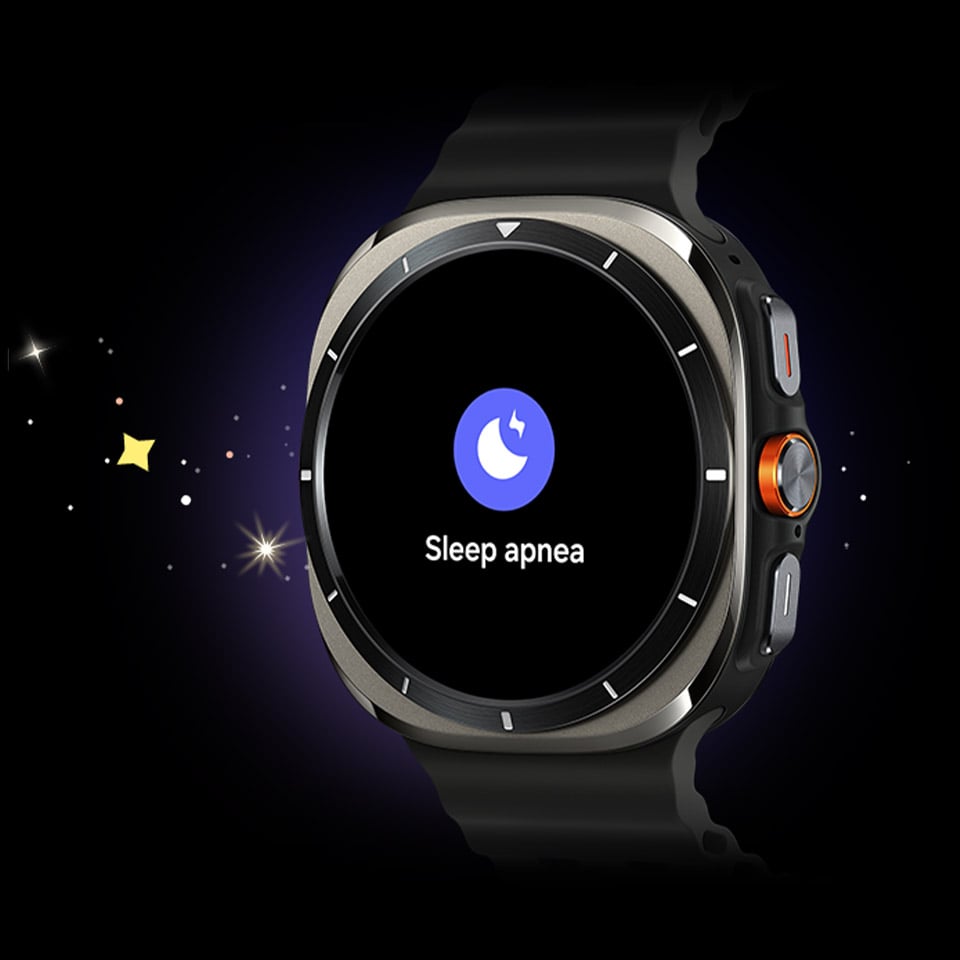 Na zdjęciu Galaxy Watch Ultra z napisem „Bezdech senny” i jego ikoną. Na zdjęciu Galaxy Watch Ultra z napisem „Bezdech senny” i jego ikoną.