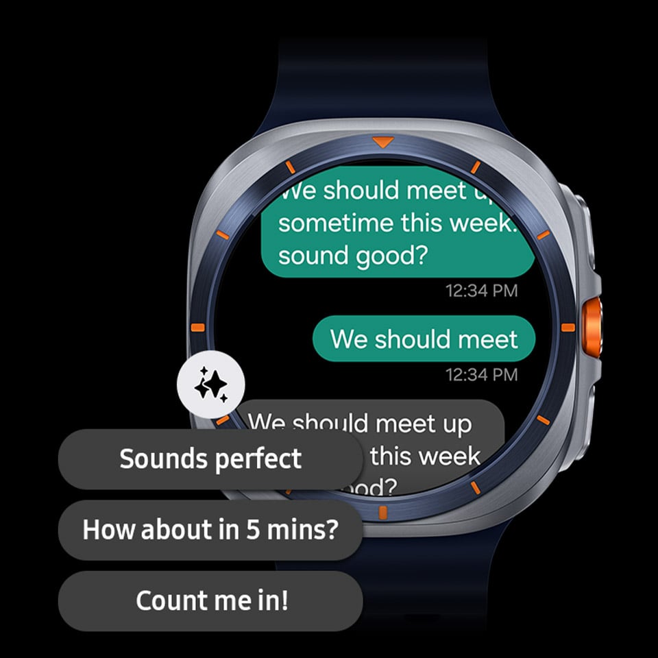 Galaxy Watch Ultra wyświetlający czat z sugestiami odpowiedzi generowanymi przez Galaxy AI, wyświetlanymi na urządzeniu. Galaxy Watch Ultra wyświetlający czat z sugestiami odpowiedzi generowanymi przez Galaxy AI, wyświetlanymi na urządzeniu.
