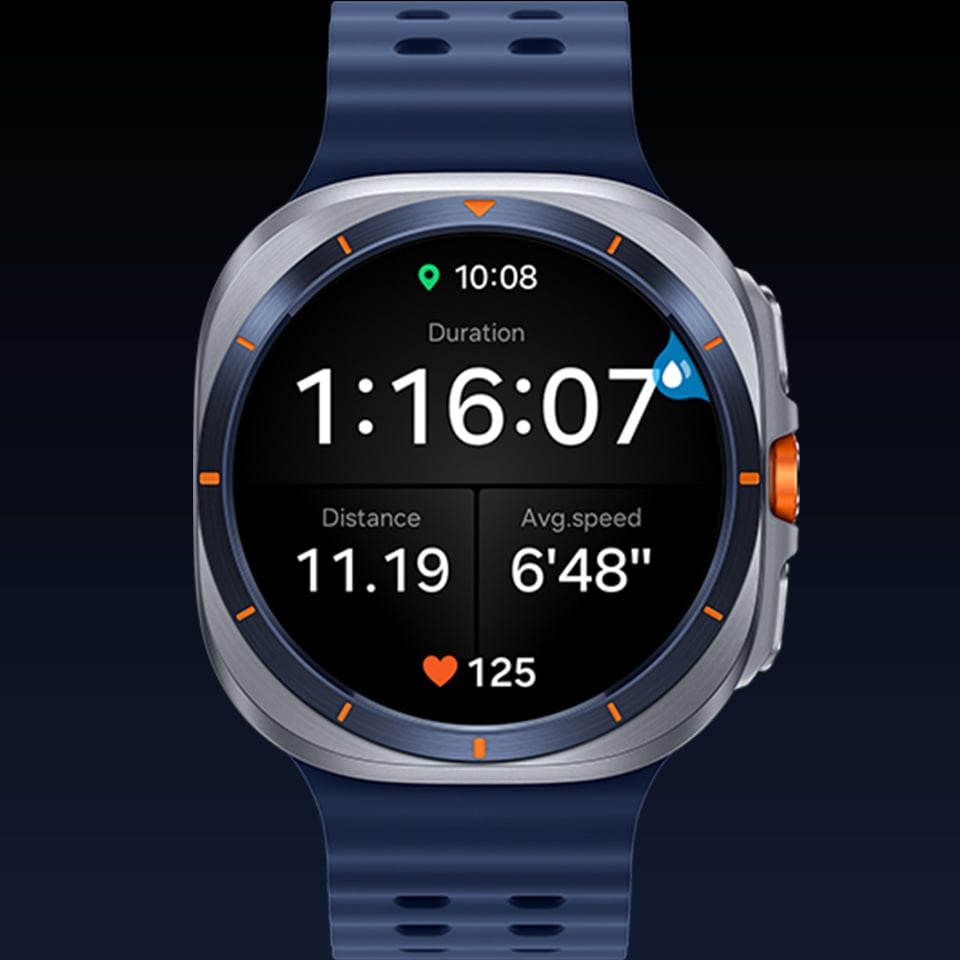 Galaxy Watch Ultra wyświetlający ekran śledzenia treningu z czasem trwania, średnim tempem, spalonymi kaloriami i tętnem. Galaxy Watch Ultra wyświetlający ekran śledzenia treningu z czasem trwania, średnim tempem, spalonymi kaloriami i tętnem.