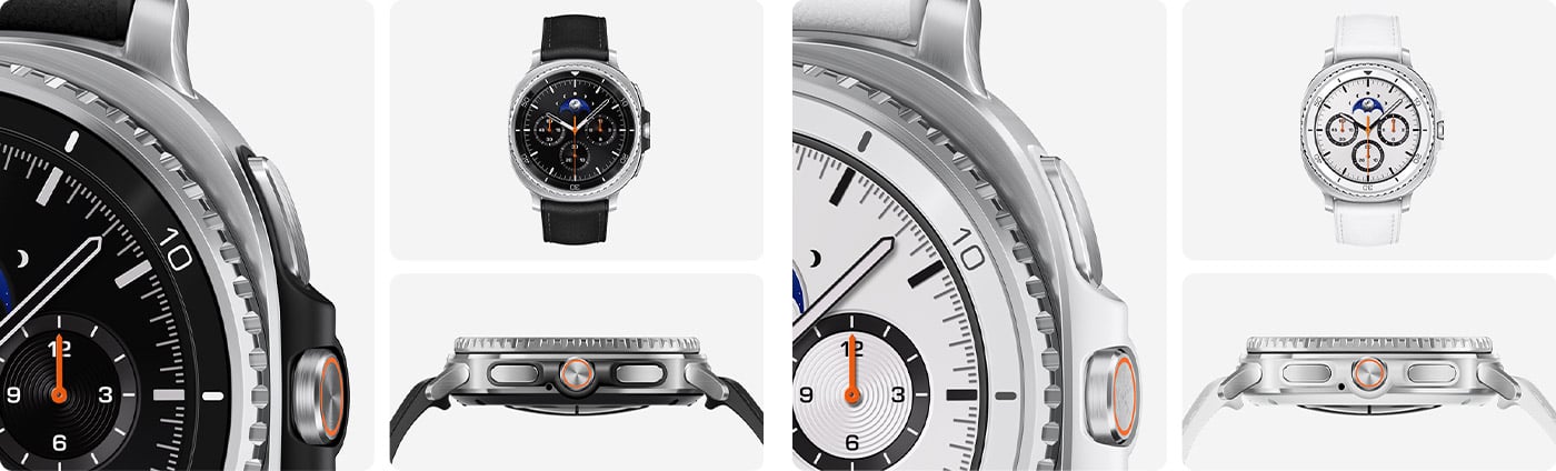 Trzy różne widoki Galaxy Watch8 Classic w kolorze czarnym i białym. Częściowy widok Galaxy Watch8 Classic w zbliżeniu. Pełny widok z przodu Galaxy Watch8 Classic. Widok z boku Galaxy Watch8 Classic, podkreślający obrotowy pierścień. Trzy różne widoki Galaxy Watch8 Classic w kolorze czarnym i białym. Częściowy widok Galaxy Watch8 Classic w zbliżeniu. Pełny widok z przodu Galaxy Watch8 Classic. Widok z boku Galaxy Watch8 Classic, podkreślający obrotowy pierścień.