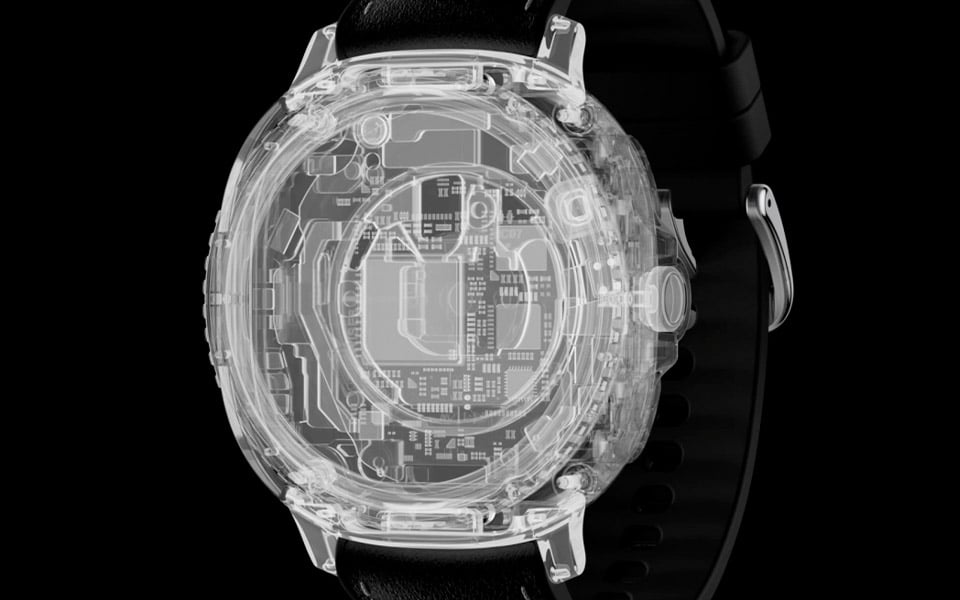 Pojawia się kwadratowy kształt z zaokrąglonymi rogami. Kwadrat zmienia się w Galaxy Watch8 Classic. Można zobaczyć sylwetkę. Pojawia się szkieletowy widok wnętrza. Urządzenie lekko przechyla się w lewo. Pojawia się kwadratowy kształt z zaokrąglonymi rogami. Kwadrat zmienia się w Galaxy Watch8 Classic. Można zobaczyć sylwetkę. Pojawia się szkieletowy widok wnętrza. Urządzenie lekko przechyla się w lewo.