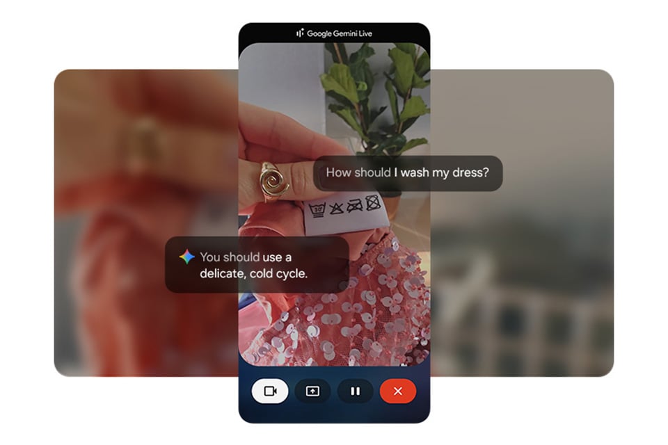 Google Gemini Live jest aktywny, a użytkownik szuka porady dotyczącej prania swojej sukienki. Przez kamerę ekran pokazuje etykietę pielęgnacyjną, podświetlając symbole prania. Google Gemini Live jest aktywny, a użytkownik szuka porady dotyczącej prania swojej sukienki. Przez kamerę ekran pokazuje etykietę pielęgnacyjną, podświetlając symbole prania.
