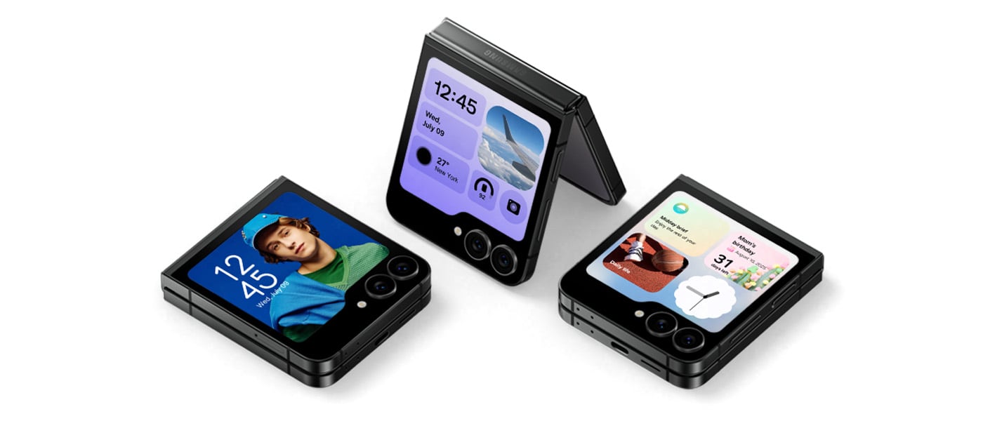 Trzy urządzenia Galaxy Z Flip7 FE w kolorze czarnym można zobaczyć w różnych pozycjach. Na każdym z ekranów okładkowych widać tapetę zegara, widżet Now Brief i tapetę ekranu zewnętrznego. Trzy urządzenia Galaxy Z Flip7 FE w kolorze czarnym można zobaczyć w różnych pozycjach. Na każdym z ekranów okładkowych widać tapetę zegara, widżet Now Brief i tapetę ekranu zewnętrznego.