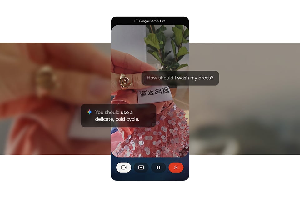 Na ekranie widać aktywną funkcję Google Gemini Live. Użytkownik szuka rady dotyczącej prania sukienki. Na ekranie widać aktywną funkcję Google Gemini Live. Użytkownik szuka rady dotyczącej prania sukienki.
