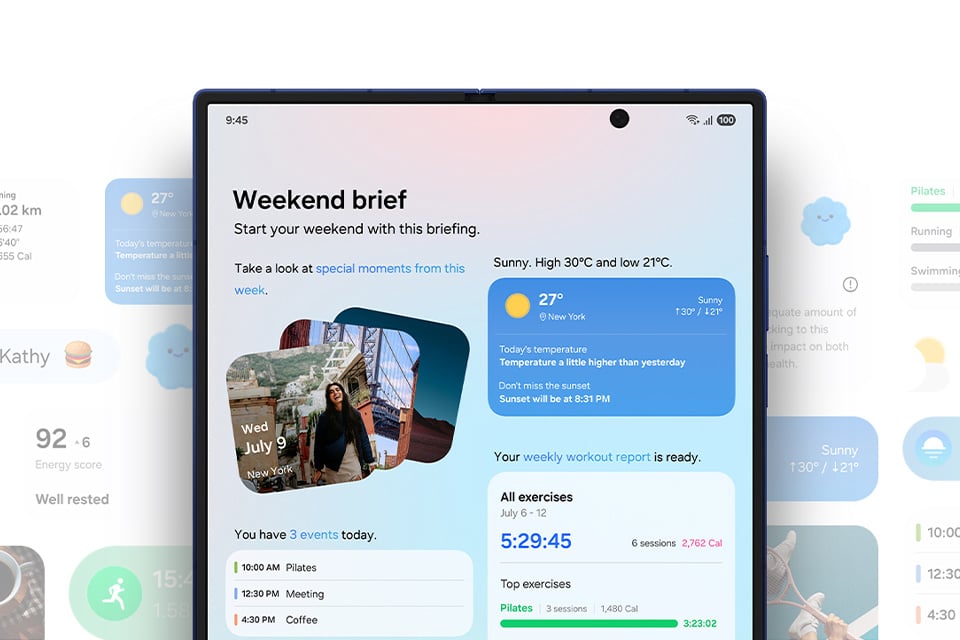 Galaxy Z Fold7 jest widoczny w stanie rozłożonym. Aktywna jest funkcja Now Brief, które pokazuje weekendowe podsumowanie: zdjęcia, nadchodzące wydarzenia, aktualną pogodę i inne informacje o aktywności fizycznej. Po bokach ekranu widać dodatkowe dane, w tym Wynik energii i informacje o bieganiu. Galaxy Z Fold7 jest widoczny w stanie rozłożonym. Aktywna jest funkcja Now Brief, które pokazuje weekendowe podsumowanie: zdjęcia, nadchodzące wydarzenia, aktualną pogodę i inne informacje o aktywności fizycznej. Po bokach ekranu widać dodatkowe dane, w tym Wynik energii i informacje o bieganiu.