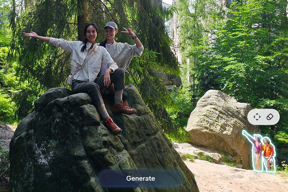 Na głównym ekranie Galaxy Z Fold7 edytowane jest zdjęcie dwóch osób podczas wędrówki. Wybrano inne osoby na tle i wciśnięto przycisk Generuj. Galaxy AI je usuwa. Możesz wybrać ukrycie oryginału, aby lepiej zobaczyć edytowaną wersję na pełnym ekranie lub pokazać oryginał, by zobaczyć obie wersje obok siebie. Na głównym ekranie Galaxy Z Fold7 edytowane jest zdjęcie dwóch osób podczas wędrówki. Wybrano inne osoby na tle i wciśnięto przycisk Generuj. Galaxy AI je usuwa. Możesz wybrać ukrycie oryginału, aby lepiej zobaczyć edytowaną wersję na pełnym ekranie lub pokazać oryginał, by zobaczyć obie wersje obok siebie.