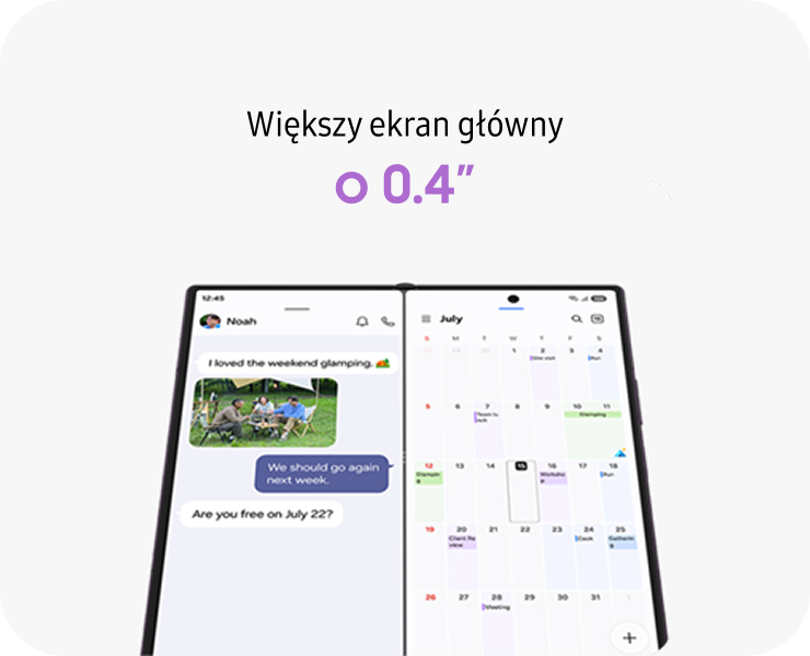 Galaxy Z Fold8 ma ekran główny większy o 0,4 cala, z widokiem rozmowy i kalendarza.