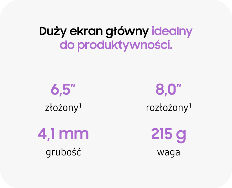 Duży ekran: 6,5″ po złożeniu i 8,0″ po rozłożeniu; 4,1 mm grubości, waga 215 g.