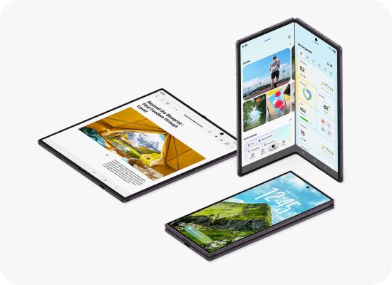 Galaxy Z Fold8 Ultra w trzech pozycjach: rozłożonej, częściowo złożonej i zamkniętej.