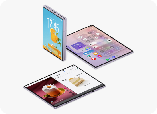 Galaxy Z Fold8 w trzech pozycjach, z widokiem aplikacji i wielozadaniowości.