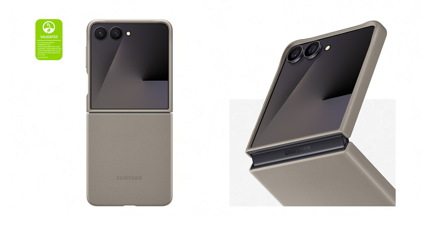Galaxy Z Flip7 rozłożony z przodu z założonym ciemnoszarym etui Kindsuit Case do Galaxy Z Flip7. Zbliżenie na lekko rozłożonego Galaxy Z Flip7 z tym samym etui Kindsuit Case pokazano pod kątem. Powiększono tylną kamerę i zawias. Tekst brzmi ZATWIERDZONY PRZEZ UL PRODUKT EF-VF766 ZAWIERA MINIMUM 21% MATERIAŁÓW POCHODZĄCYCH Z RECYKLINGU POKONSUMENCKIEGO, SKŁADAJĄCY SIĘ W 34% Z PLASTIKU POCHODZĄCEGO Z RECYKLINGU POKONSUMENCKIEGO EF-VF766. UL.COM/ECV