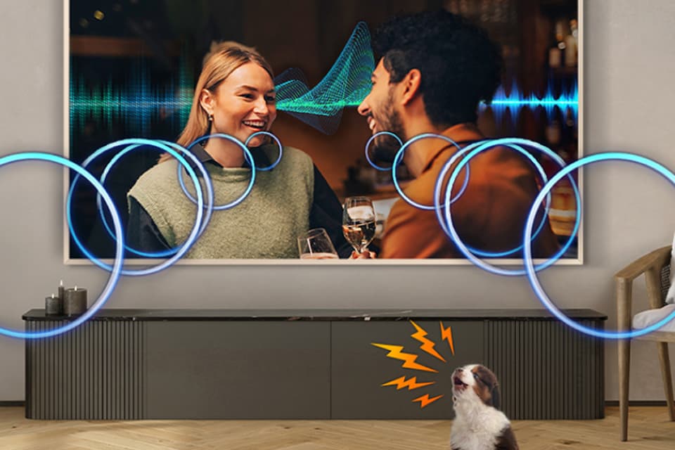 960x640 aktywny-wzmacniacz-glosu-pro Grafika przedstawiająca dzialanie wzmacniacza głosu zasilanego przez AI w telewizorze Samsung The Frame (2025)