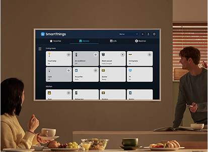 412x303 smartthings Wygodne zarządzanie urządzeniami dzięki SmartThings dostępne w telewizorze Samsung The Frame Pro (2025). Telewizor dostępny w sklepach X-Kom.