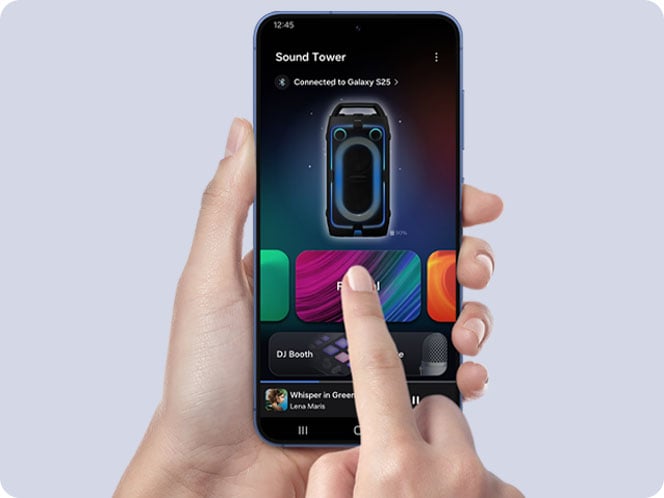 User interacts with the Samsung Sound Tower App on Galaxy S25 smartphone connected to the Samsung Sound Tower.