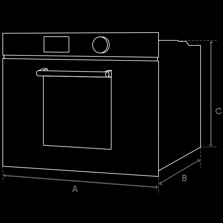 rysunek techniczny przedstawiający dostępny w Neonet piekarnik kompaktowy Samsung NQ50T8539BK wraz z opisem wymiarów