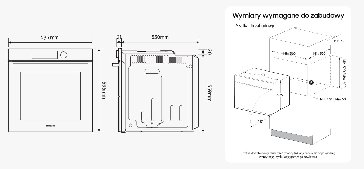Piekarnik Samsung NV7B5660RAK został przedstawiony na rysunku technicznym z naniesionymi wymiarami