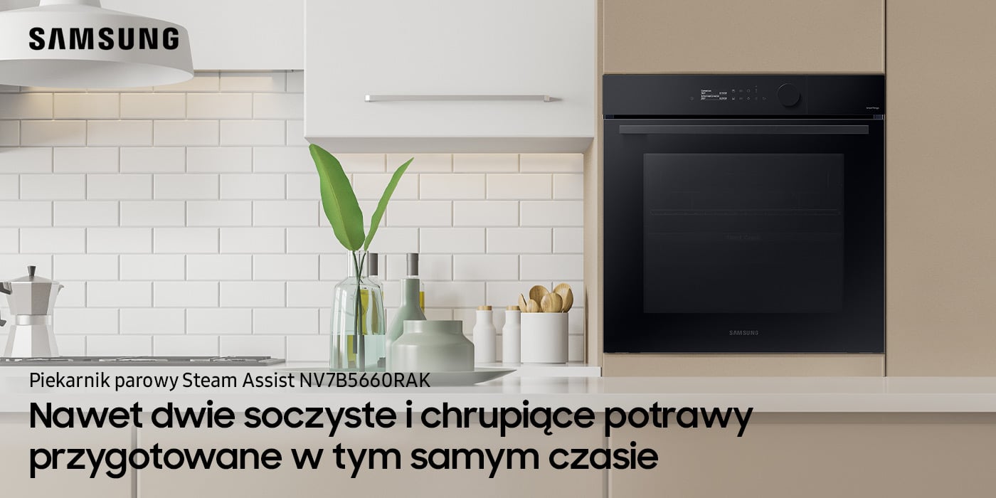 Zdjęcie pokazuje piekarnik Samsung NV7B5660RAK/U2 w jasnym kuchennym wnętrzu