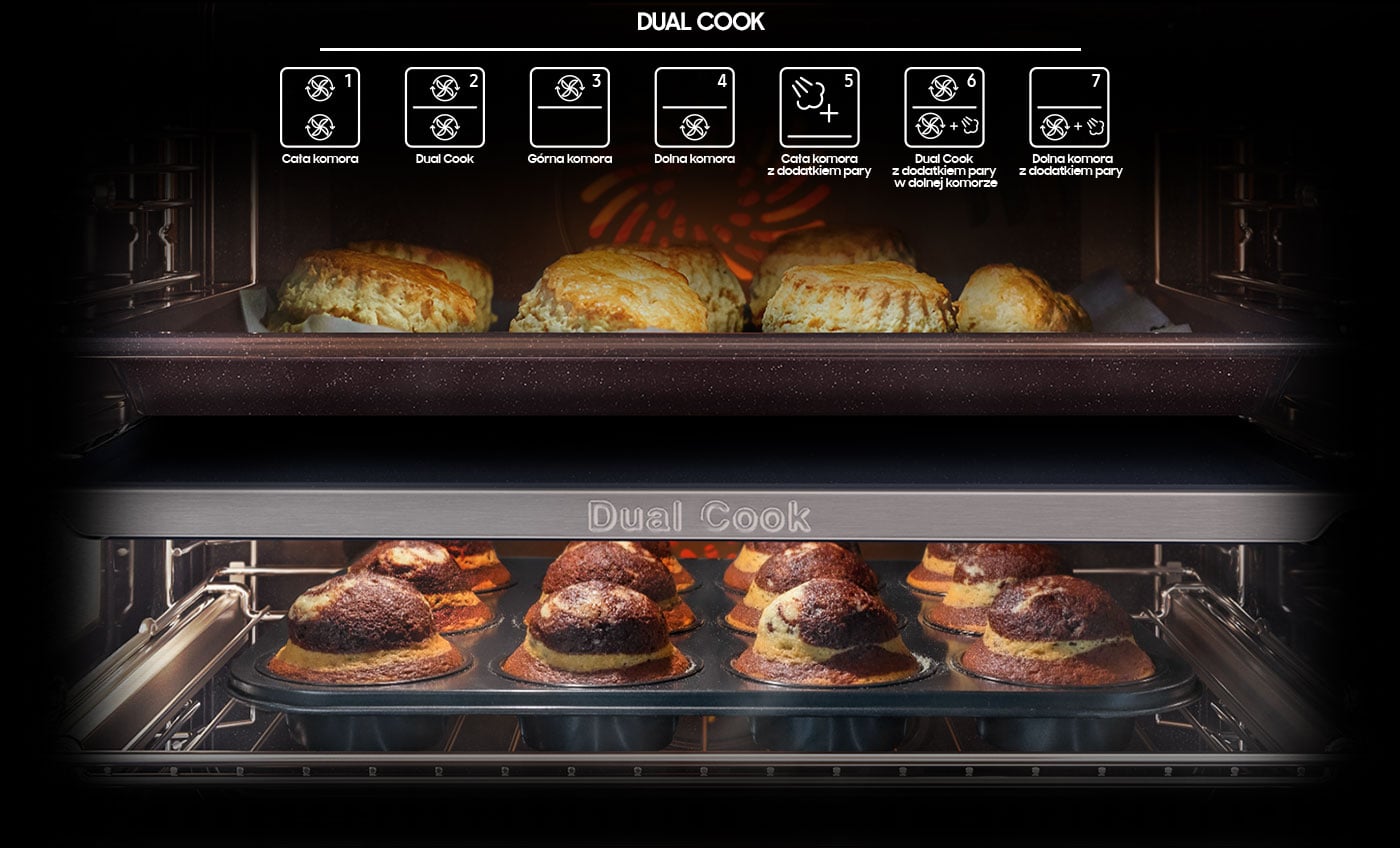Zdjęcie pokazuje możliwość oddzielnego pieczenia dwóch różnych dań dzięki funkcji Dual Cook