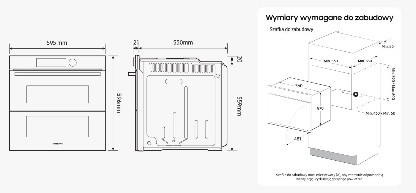 Wymiary wymagane do zabudowy piekarnika Samsung Steam Cook przedstawione na rysunku technicznym