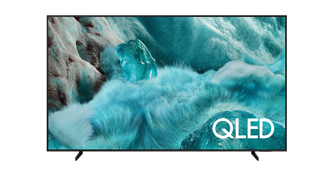 Telewizor Samsung QLED Q7F2 z niebieską grafiką ukazującą elementy natury na ekranie.