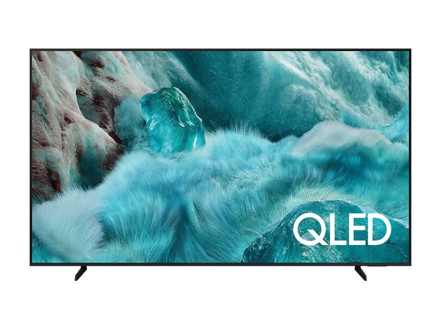 Telewizor Samsung QLED Q7F2 z niebieską grafiką ukazującą elementy natury na ekranie.
