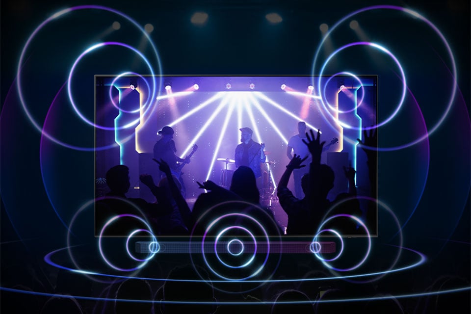 Synchronizacja z soundbarem zapewnia pogłębione brzmienie stereo Dolby Atmos Synchronizacja z soundbarem zapewnia pogłębione brzmienie stereo Dolby Atmos