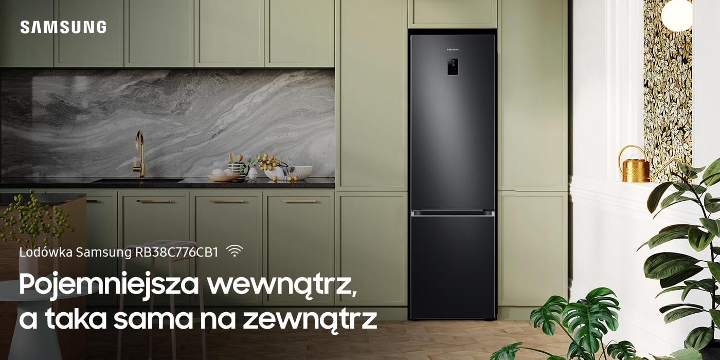 Prezentacja lodówki Samsung RB38C776CB1 w oliwkowej kuchni. Model można kupić w sklepach Neonet