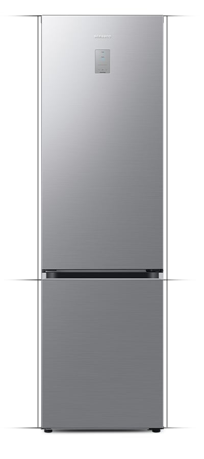 Ilustracja przedstawiająca od frontu lodówkę Samsung Grand+ RB38C776DS9 z panelem w kolorze szczotkowanej stali nierdzewnej