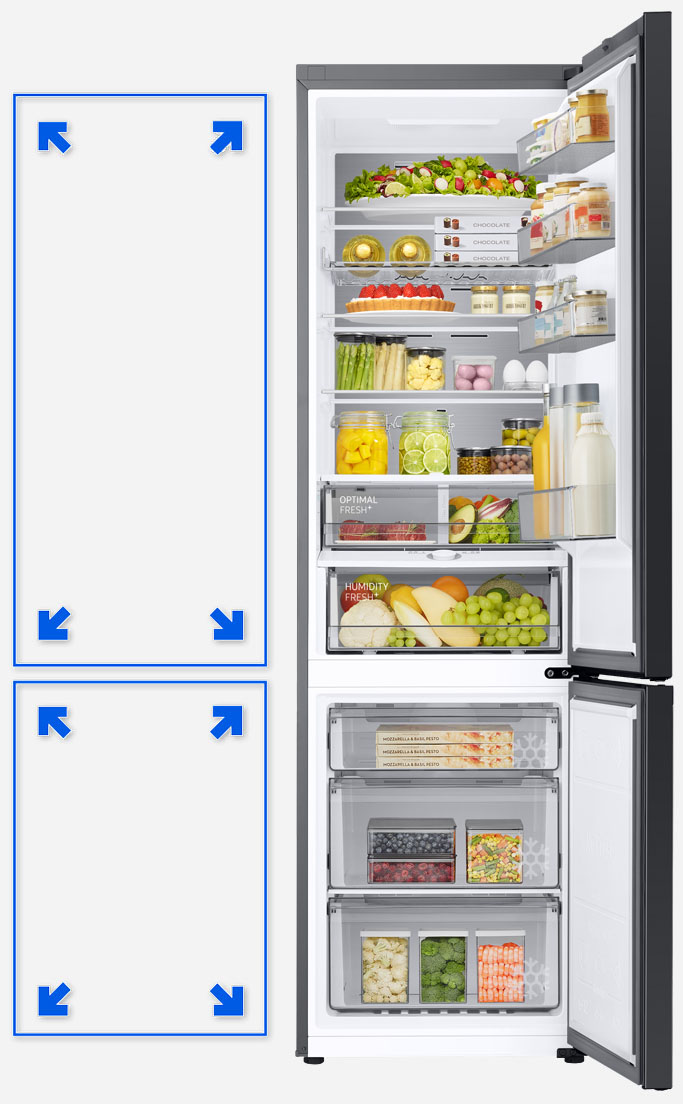 Prezentacja wnętrza lodówki Samsung Bespoke RB38C7B5D22 z technologią SpaceMax™