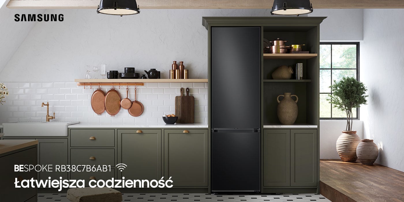 Energooszczędna lodówka Samsung Bespoke RB38C7B6AB1 z fabrycznie zainstalowanymi panelami drzwiowymi w kolorze grafitowej stali