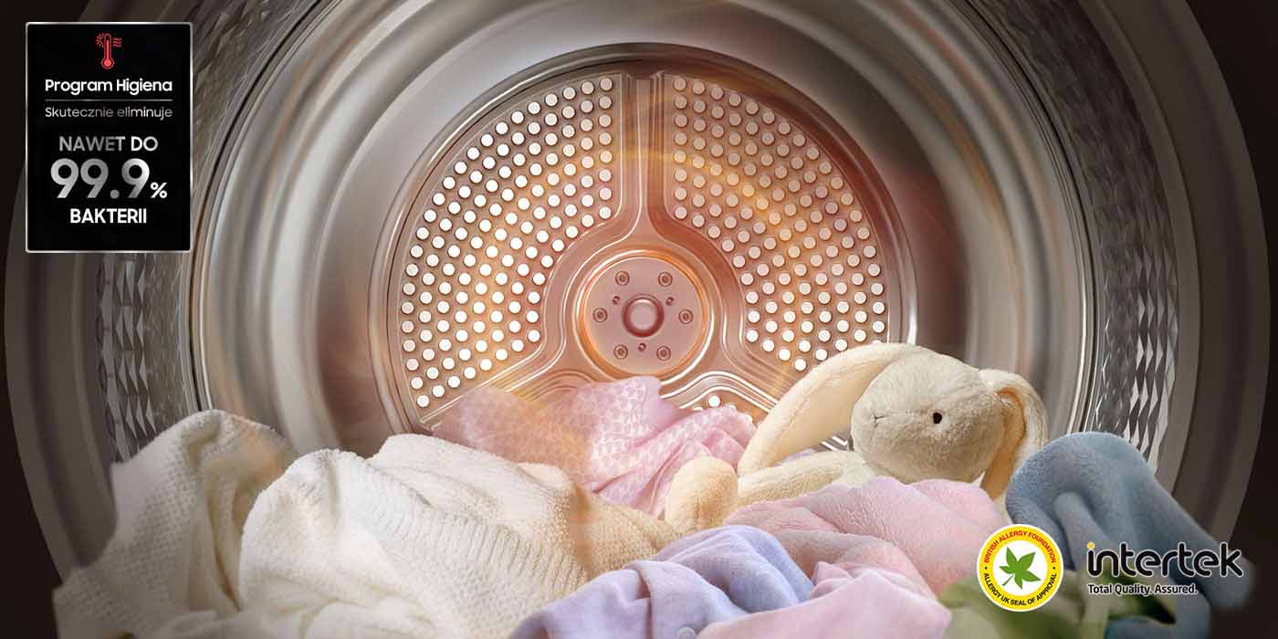 Bęben suszarki AI 9kg DV9XDG6845LBU4 ilustruje program Higiena, który usuwa 99,9% bakterii, dbając o delikatne tkaniny.
