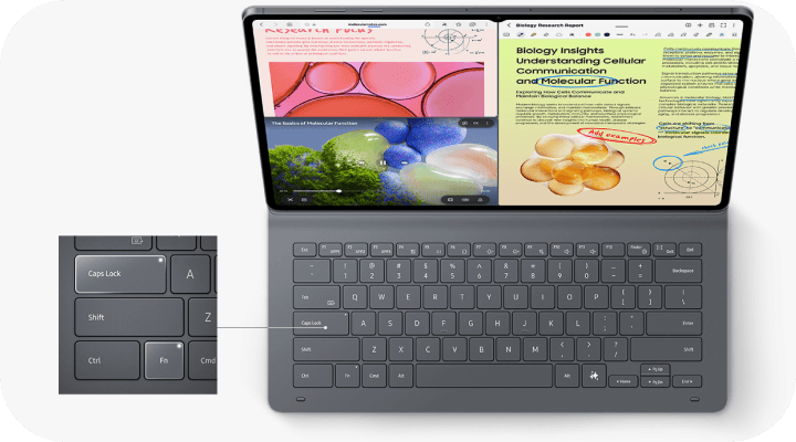Tablet Samsung Galaxy z podłączoną klawiaturą i podziałem ekranu na dwie aplikacje Tablet Samsung Galaxy z podłączoną klawiaturą i podziałem ekranu na dwie aplikacje