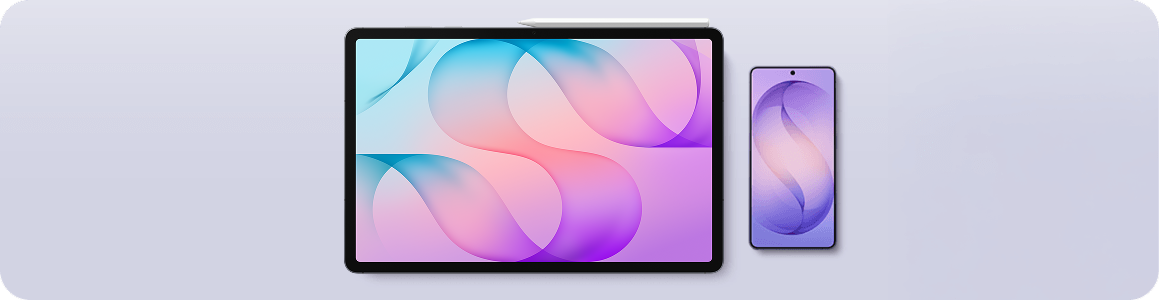 Galaxy Tab S12+ obok Smartfona zaprezentowany na niebieskim tle Galaxy Tab S12+ obok Smartfona zaprezentowany na niebieskim tle