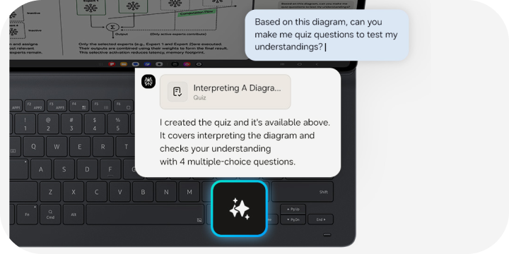 Laptop Samsung Galaxy z funkcją AI tworzącą quiz na podstawie diagramu Laptop Samsung Galaxy z funkcją AI tworzącą quiz na podstawie diagramu