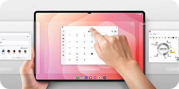 Tablet Samsung Galaxy z trybem DeX wyświetlającym kilka aplikacji na ekranie