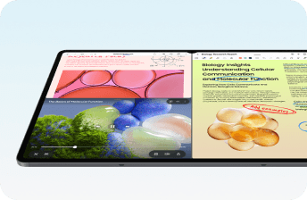 Tablet Samsung Galaxy z podziałem ekranu i odtwarzaniem multimediów.
