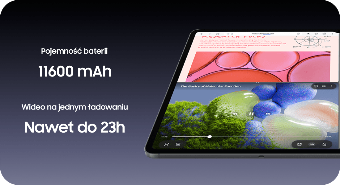 Tablet Samsung Galaxy z baterią 11600 mAh i czasem odtwarzania wideo do 23 godzin
