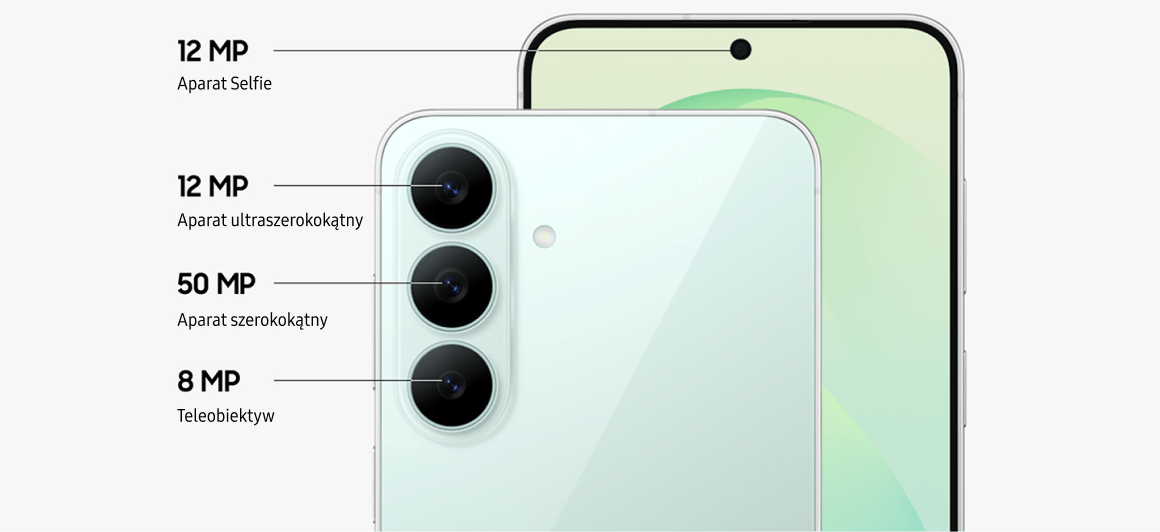 Galaxy z aparatami: 12 MP selfie, 12 MP ultraszerokim, 50 MP szerokim i 8 MP teleobiektywem.