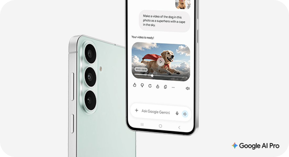 Smartfon Galaxy z Google Gemini tworzącym film z psa jako superbohatera; obok logo Google AI Pro.