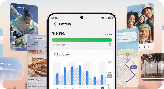 Ekran Galaxy pokazuje baterię naładowaną do 100% i wykres zużycia energii.