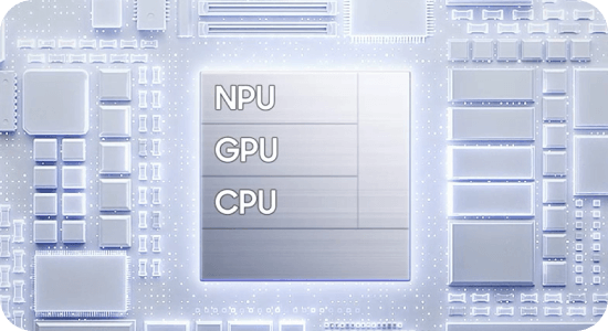 Grafika procesora Galaxy z wyróżnionymi modułami NPU, GPU i CPU.