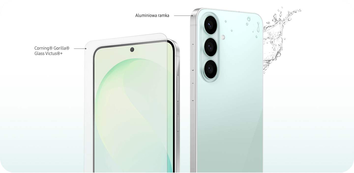 Galaxy w jasnej obudowie z aluminiową ramką, szkłem Gorilla Glass Victus+ i potrójnym aparatem.