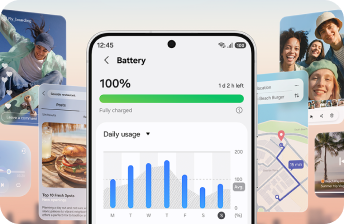 Ekran Galaxy pokazuje baterię naładowaną do 100% i wykres zużycia energii.