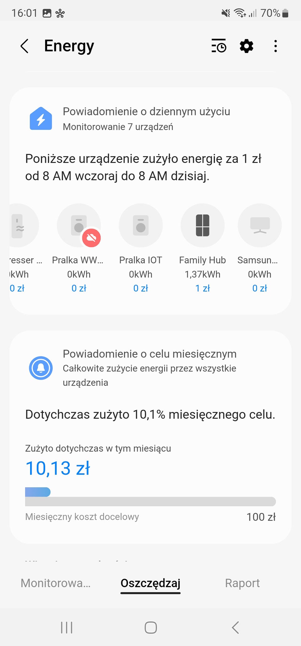 Widok aplikacji SmartThings - raport dziennego zużycia energii