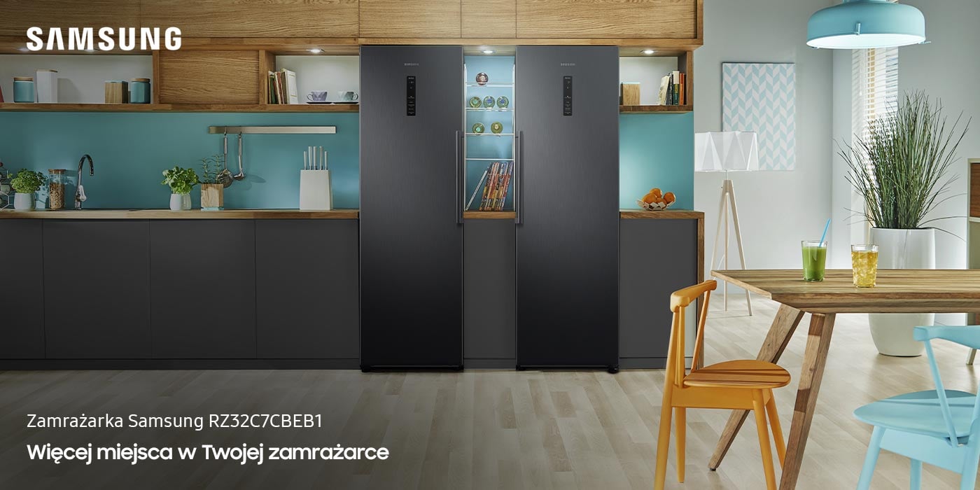 Jednodrzwiowa zamrażarka RZ32C7CBEB1 prezentowana w towarzystwie chłodziarki z serii Samsung TWIN jest dostępna w sklepach Neonet